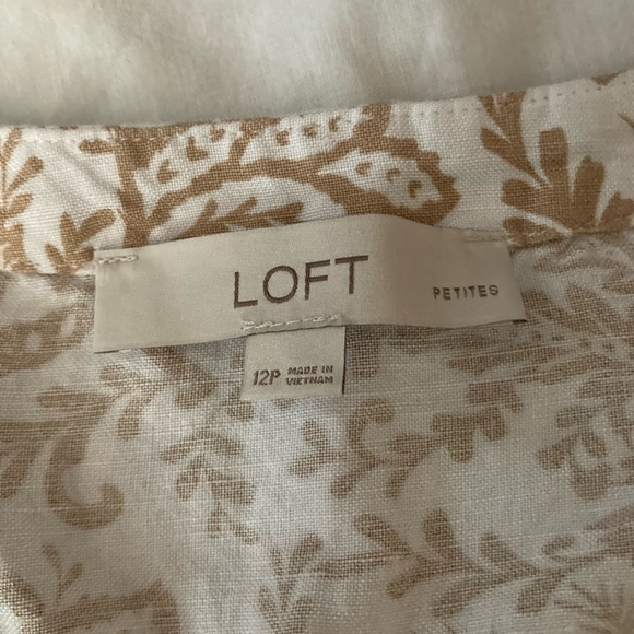 LOFT Tan Paisley Linen Blend Buttoned Sheath Midi Dress Size 12 Petite - Picture 4 of 5